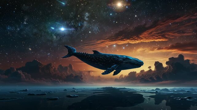 whales swimming in the sky. Virtual 4K video animation background with looping time lapse with very smooth graphics.