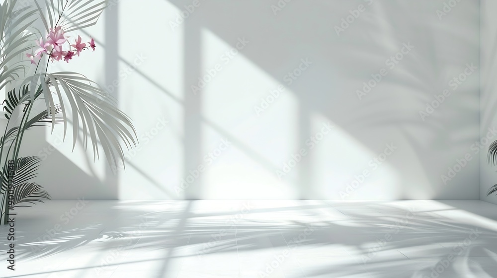 Poster Abstract white studio background for product presentation Empty room with shadows of window and flowers and palm leaves  3d room with copy space Summer concert Blurred backdrop Banner : Generative AI