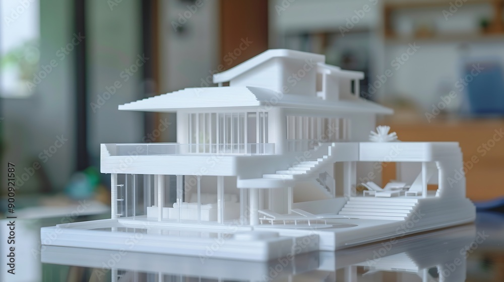 Poster Two floors model of the family house printed on a 3D printer with white filament by FDM technology for architectural use : Generative AI