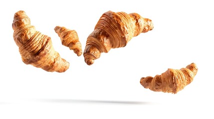 Freshly baked croissant flying in air isolated on white background French pastry croissants floating Buttered bread croissants flying in air isolated : Generative AI