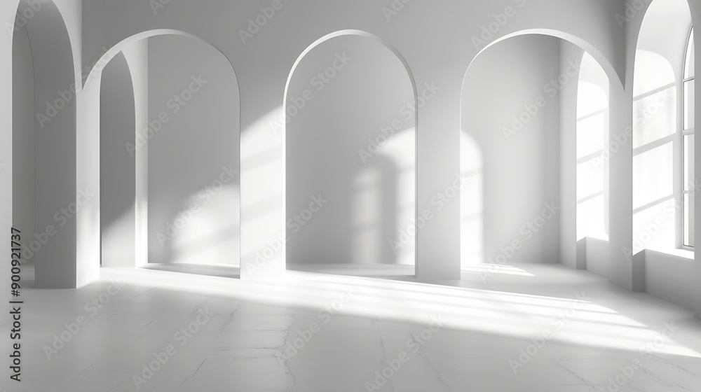Aufkleber Abstract white studio background for product presentation Empty room with shadows of arch window 3d room with copy space Summer concert Blurred backdrop : Generative AI