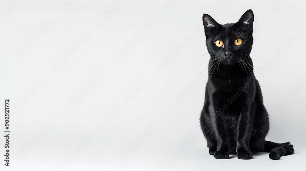 Poster a black cat with yellow eyes is sitting on a white background the cats eyes are wide open giving it 