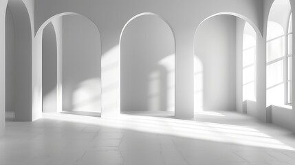 Abstract white studio background for product presentation Empty room with shadows of arch window 3d room with copy space Summer concert Blurred backdrop : Generative AI