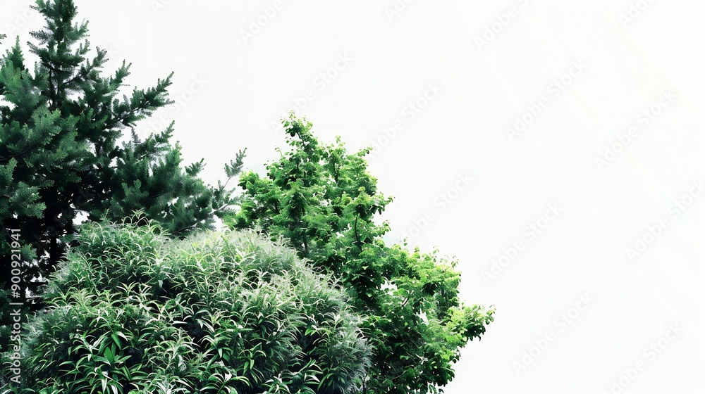 Poster different green trees and plants on white background : generative ai