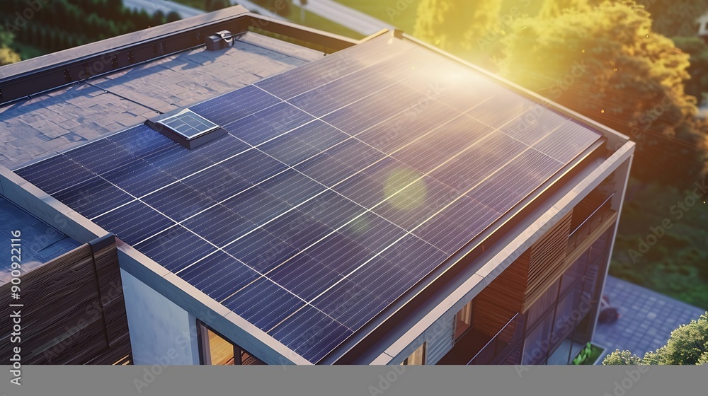Poster solar panels on the roof of the modern house3d rendering : generative ai