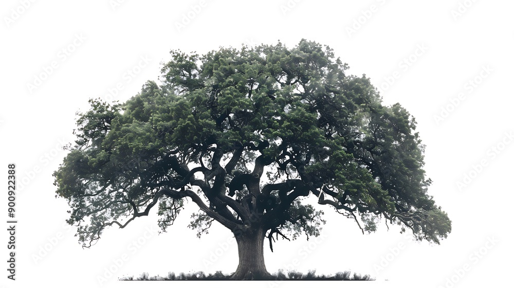 Poster an oak tree grows in spring on isolated white background : generative ai