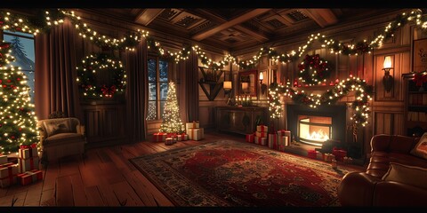 Fototapeta premium Christmas decorated lights in the night at home
