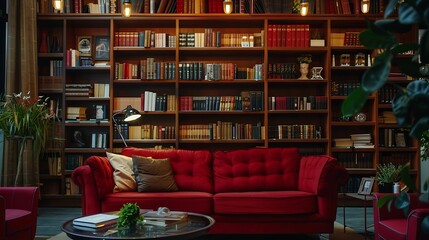 Bookshelves in the library Large bookcase with lots of books Sofa in the room for reading books Library or shop with bookcases Cozy book background Bookish bookstore bookshop : Generative AI
