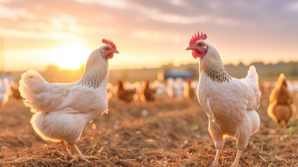 Fototapeta premium Panoramic sunrise over a free-range chicken farm, with chickens roaming freely, stunning sky in the background