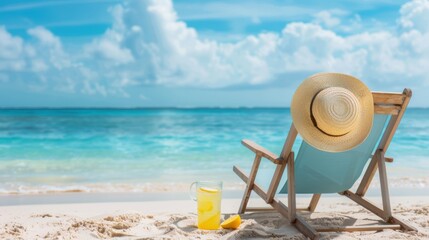 Idyllic tropical beach with a lounge chair, sun hat, and a refreshing lemonade, epitome of serene summer relaxation