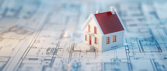House model atop an architectural blueprint, symbolizing detailed property development and real estate planning
