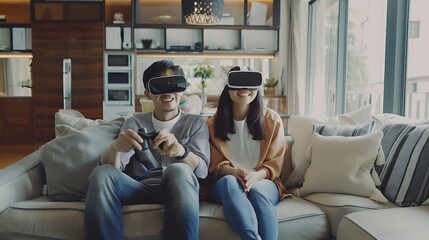 Young asian man and two young biracial women enjoy virtual reality at home they are immersed in a vr experience in a modern living room setting : Generative AI