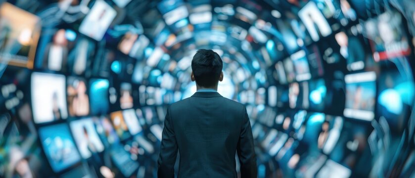 Figure encircled by a swirl of screens showing social media, news, and messages, creatively depicting digital information overload
