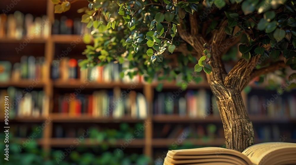 Poster Wooden tree with books on blur background of library with bookshelf Flawless : Generative AI