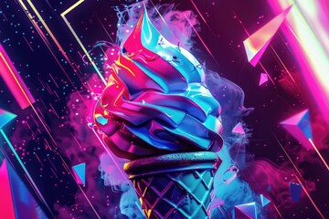 Digital illustration of a neon-colored ice cream cone with swirling patterns on a vibrant background.