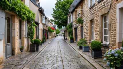 Fototapeta premium Cobblestone road lined with quaint shops, classic European architecture, serene village scene