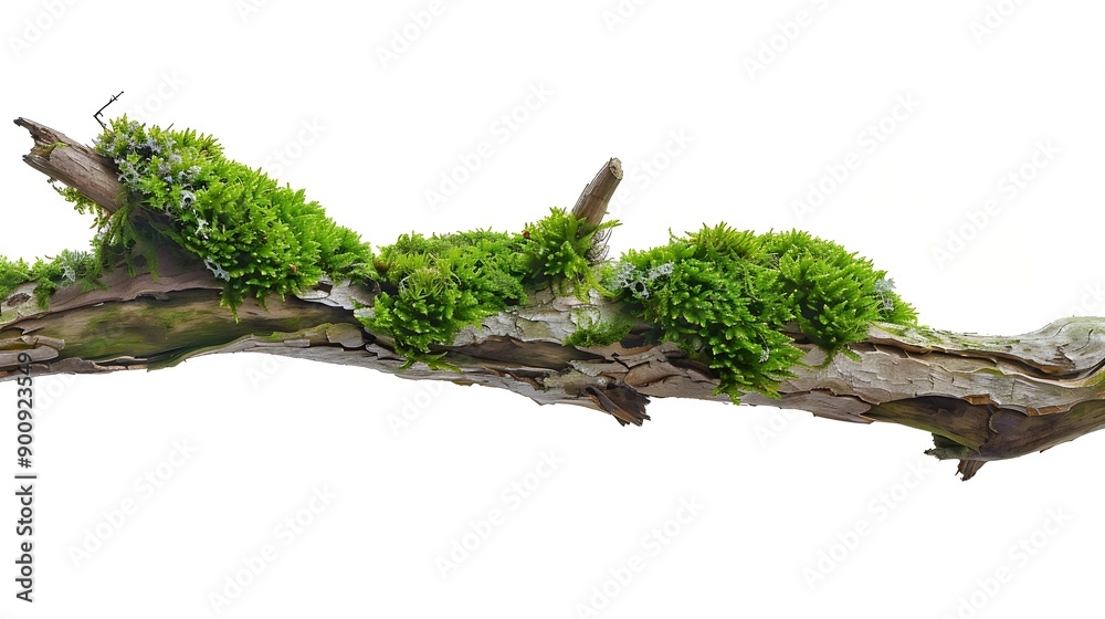 Poster fresh green moss on rotten branch isolated on white side view : generative ai