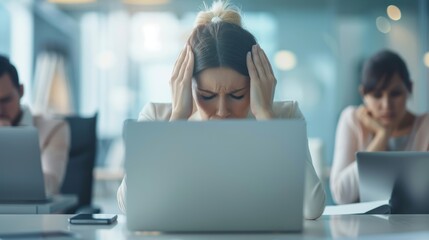 Business meeting interrupted by software crash, executives looking at malfunctioning laptops, corporate tech failure