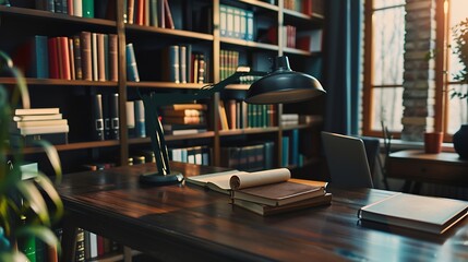Shelf unit with books and stylish workplace in home library : Generative AI