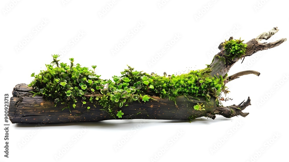 Aufkleber fresh green moss on wet rotten branch and stone isolated on white side view : generative ai