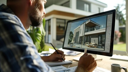 Male 3D designer using digital tablet computer and pencil and creating interior of house in professional design application while working on project remotely : Generative AI