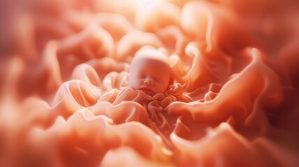 3D rendering of a fetus curled up in a womb, warm and gentle lighting, focusing on fetal development, prenatal nurturing