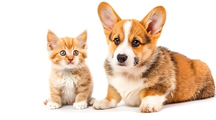Obraz premium Cute Welsh corgi puppy and a red kitten sit together on a white background isolated on a white background : Generative AI