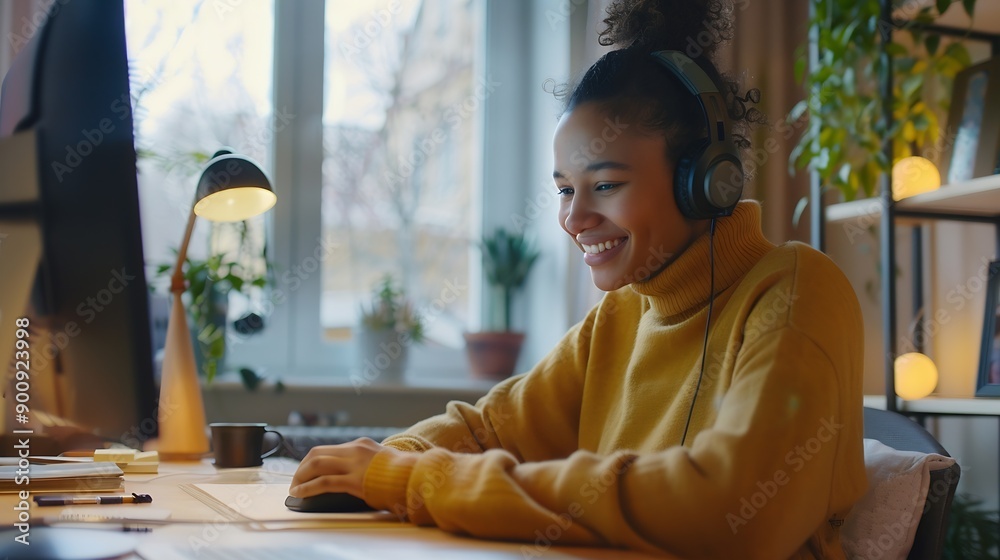 Poster smiling multiracial millennial female student in headphones sitting at the desk watching webinar and