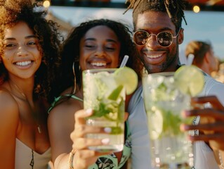 Group of friends or colleagues gathered around sharing drinks and socializing