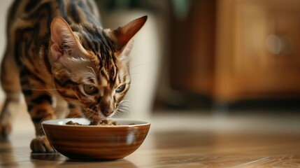 A Bengal cat licks its mouth near a bowl of food Feeding the cat : Generative AI