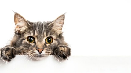 Grey tabby Ragdoll cat peeking with paws isolated on white studio background copy space looking left close up : Generative AI