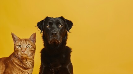 Obraz premium Black and brown dog and cat portrait together on yellow background isolated : Generative AI