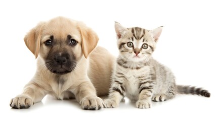 Adorable Labrador puppy and funny kitten Scottish Straight sitting together isolated on white background : Generative AI