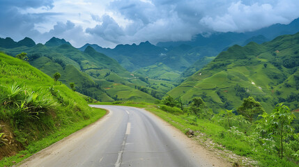 Naklejka premium beautiful road in green mountains landscape, wallpaper, background 