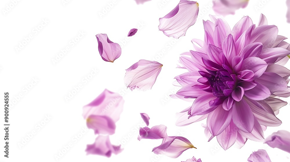 Poster beautiful fresh purple dahlia flower falling in the air isolated on white background levitation or z