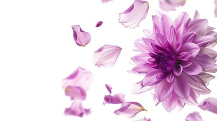 Obraz premium Beautiful fresh purple Dahlia flower falling in the air isolated on white background Levitation or zero gravity conception High resolution image : Generative AI