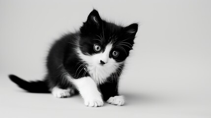 Obraz premium playful black and white kitten on white background : Generative AI