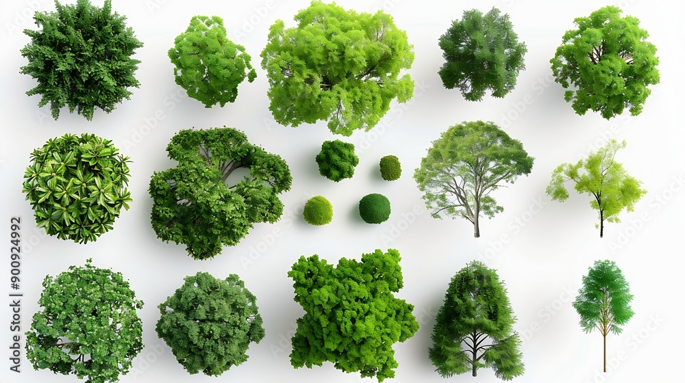 Poster different green trees and plants on white background : generative ai