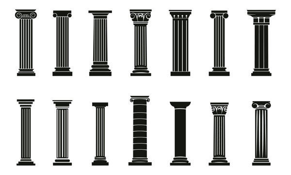 Columns icon set silhouettes. Capital of a medieval cathedral column. Wide range of ancient greek and roman pilasters. Isolated vector clipart collection