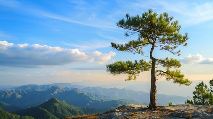Lone pine tree on a mountain with views and the sky in the background : Generative AI
