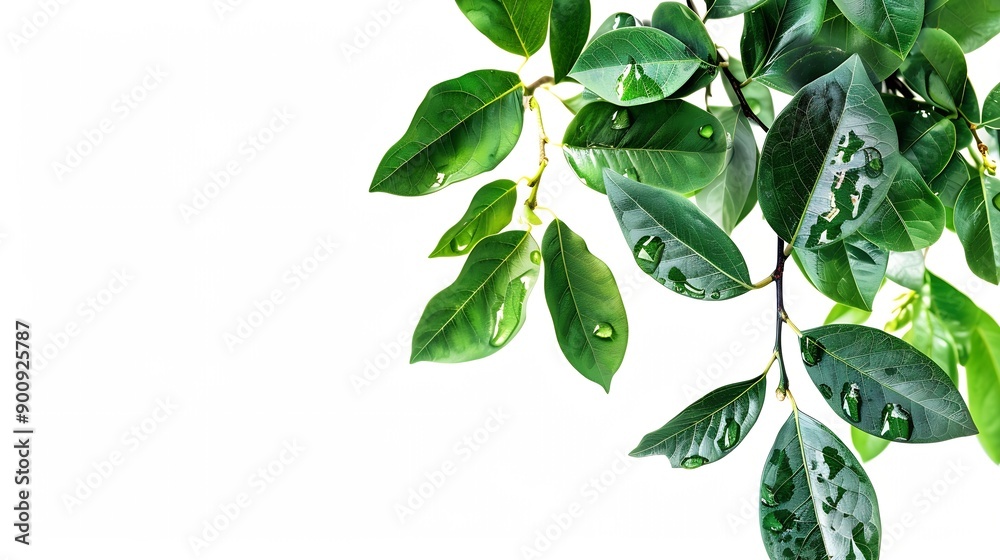 Aufkleber Green leaves branch with drop isolated on white background with clipping path : Generative AI
