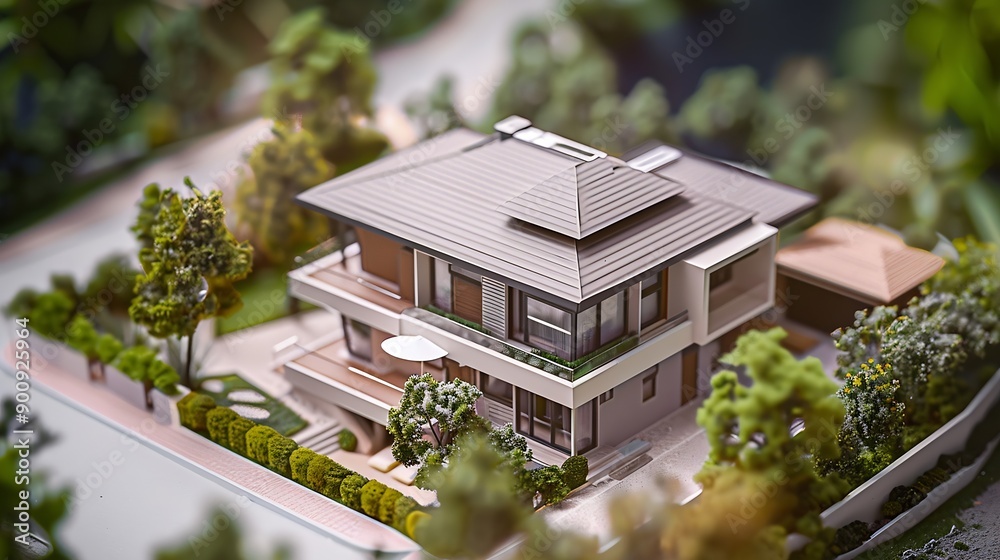 Leinwandbilder Volumetric project of house Layout of a house with an open roof Miniature layout of a cottage top view Building model as a symbol of architectural business Design in architectural bure : Generative AI