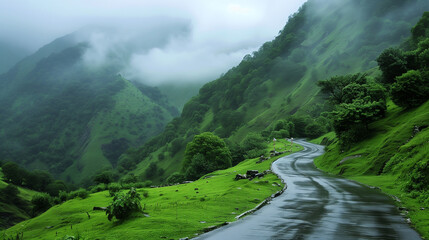 beautiful road in green mountains landscape, wallpaper, background  © Ali