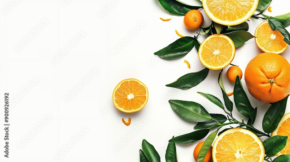 Poster fresh orange fruits with branch and leaves isolate on white background clipping path : generative ai