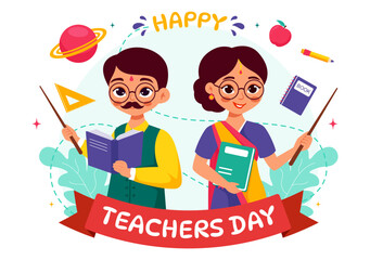 Happy Teachers Day in India Vector Illustration featuring Teacher Wearing Traditional Clothes and School Equipment in a Flat Cartoon Background