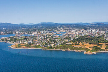 Wide panorama view of the Victoria cityscape viewed from the air. British Columbia, Canada