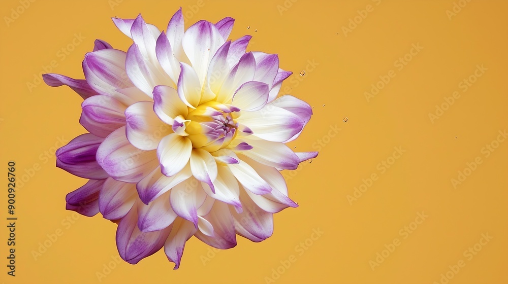 Poster beautiful fresh white and purple dahlia flower falling in the air isolated on yellow background levi