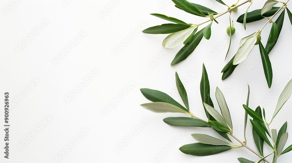 Poster two fresh olive branches with leaves isolated on white background closeup : generative ai