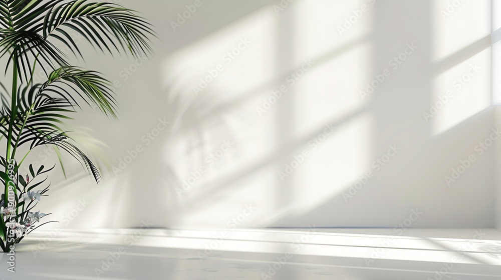 Poster Abstract white studio background for product presentation Empty room with shadows of window and flowers and palm leaves  3d room with copy space Summer concert Blurred backdrop Banner : Generative AI