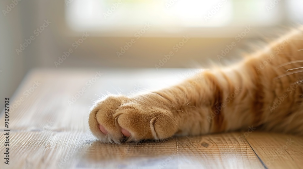 Aufkleber ginger cat paw on the table happy tabby cat relaxing at home : generative ai